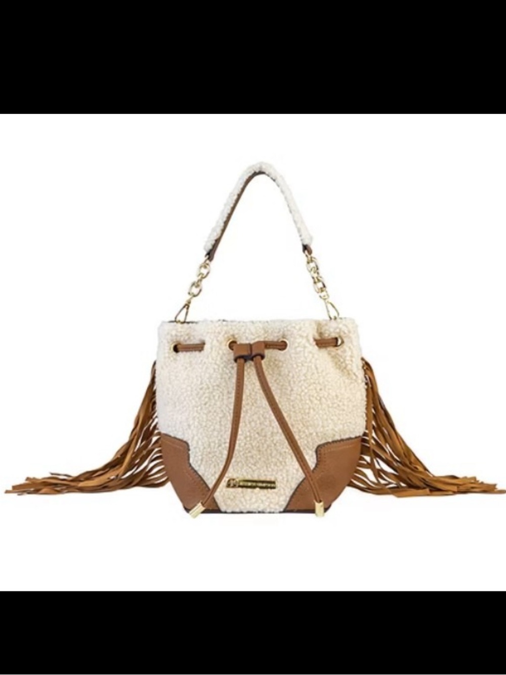 Jessica Simpson Cream Shearling Bucket Bag with Tan Fringe